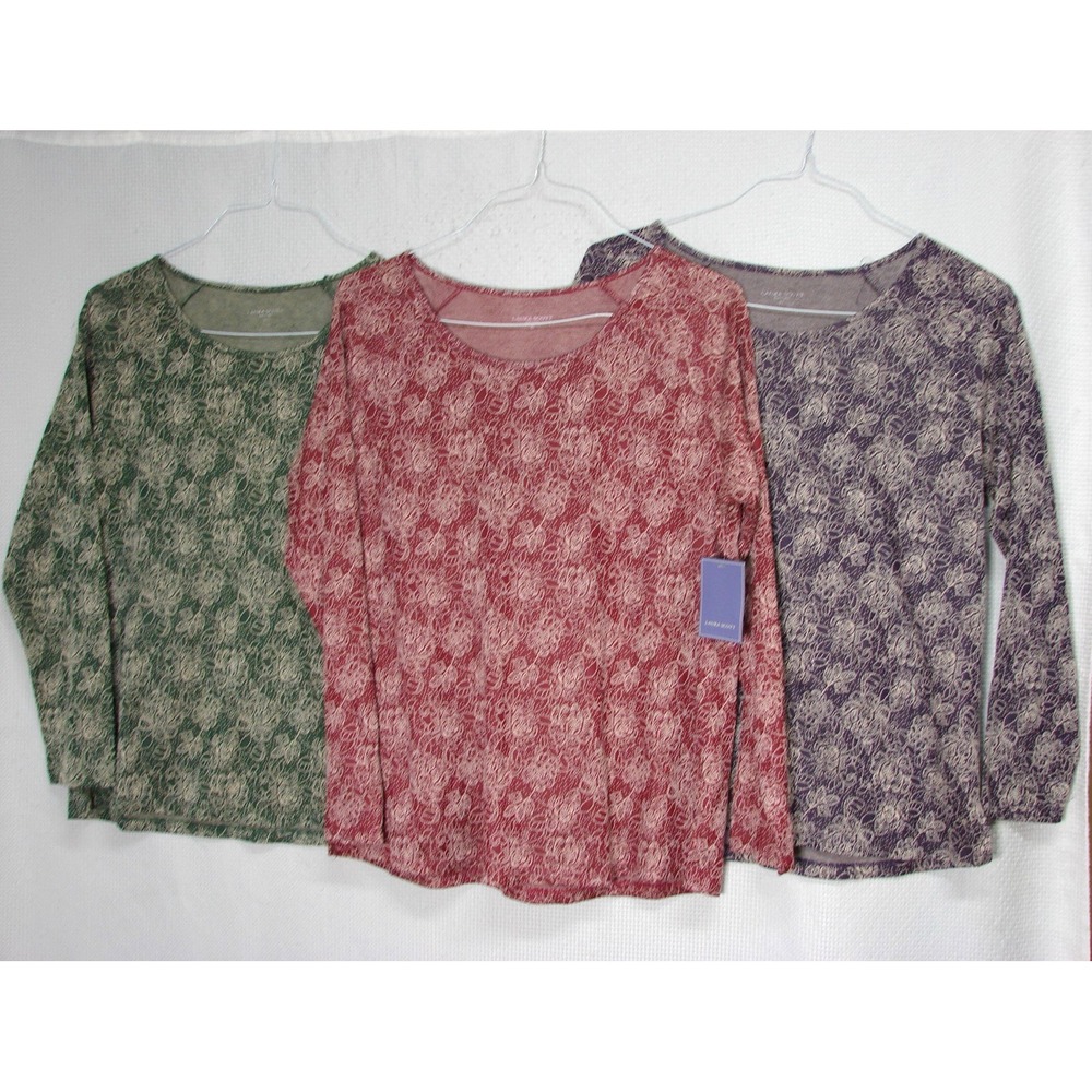 Lot of 3 Laura Scott Floral Jacquard Print Tops Long Sleeve Scoop Neck Size XL